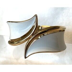 Vintage Trifari White Enamel Modernist Hinged Cuff Bracelet Gold Tone 1960s